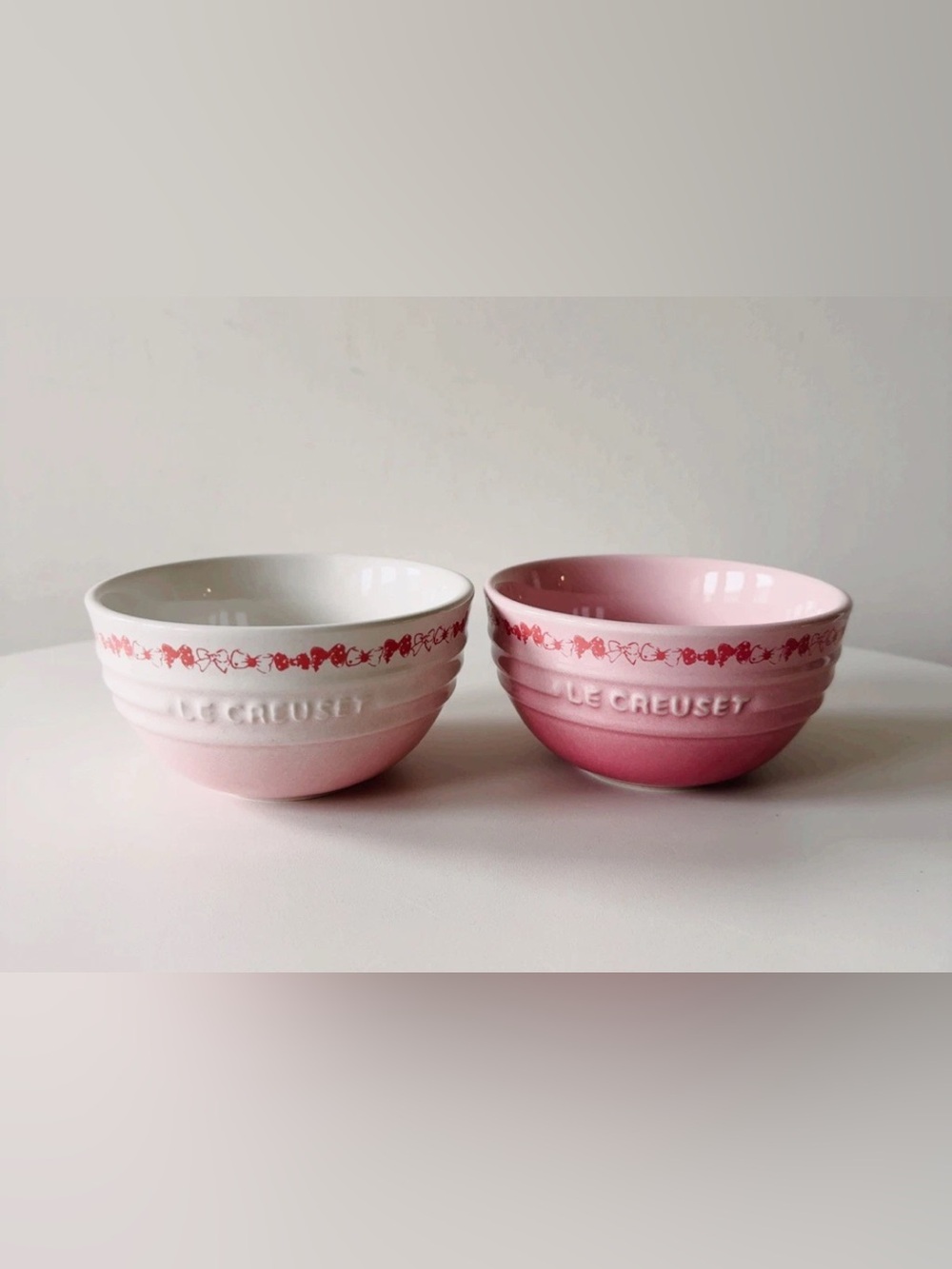 SET OF 2- Le Creuset Hello Kitty Rice Bowl -pink&white-NEW